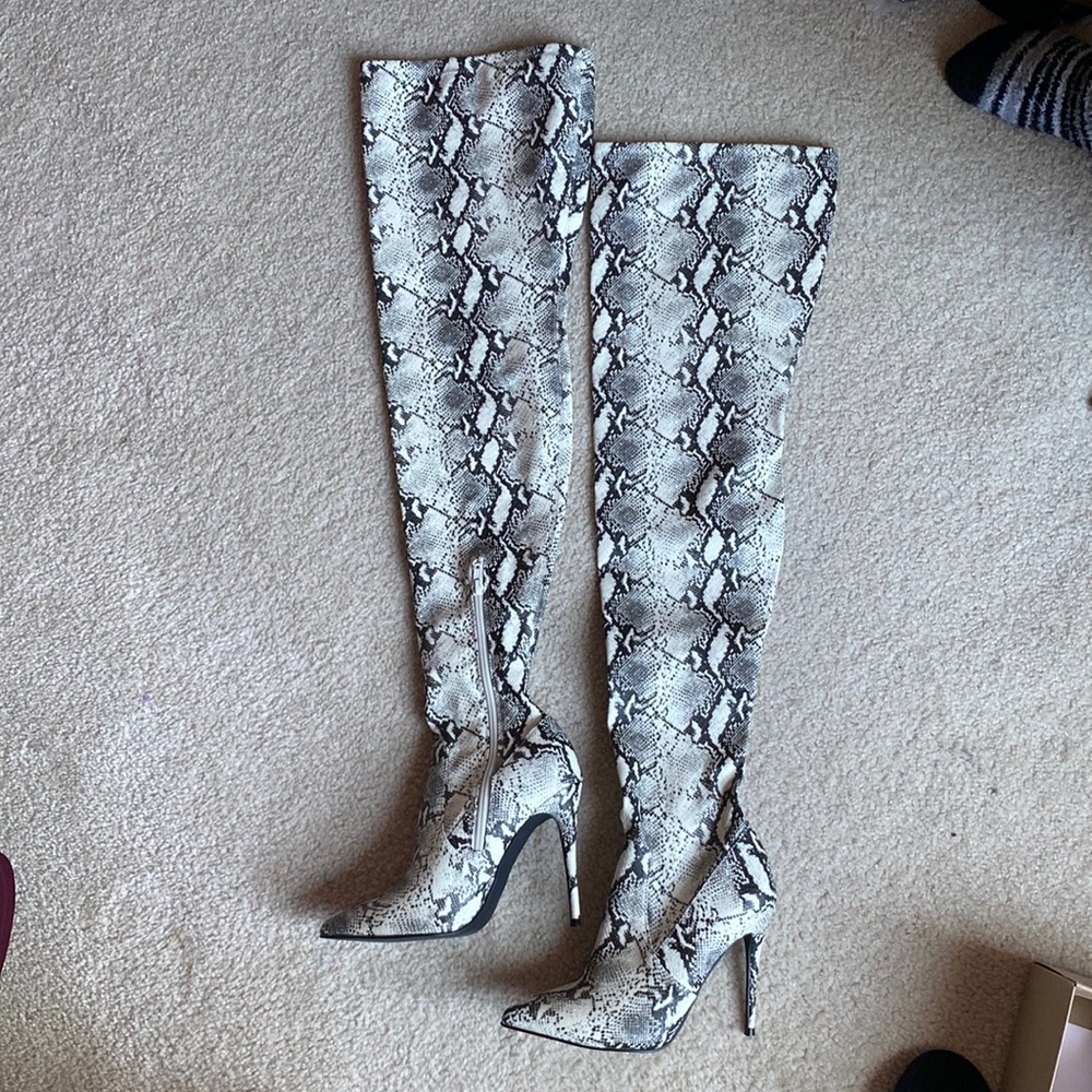 Snake print over the knee heeled boots